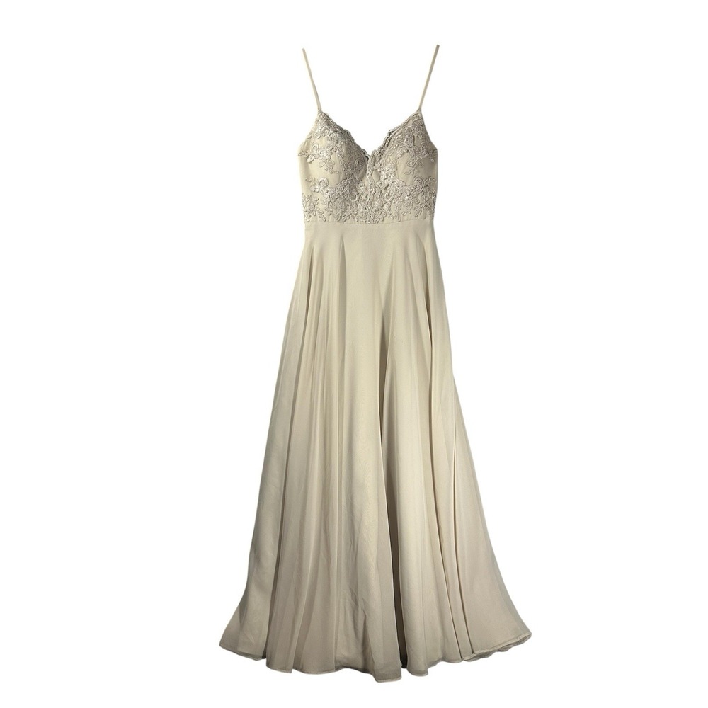 Azazie Sonya A-Line‎ Lace Chiffon Floor Length Dress Sz A4 Champagne Bridesmaid